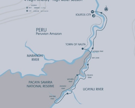 Маршрут люкс-круиза «4 ночи» на судне Aria Amazon в сезон высокой воды
